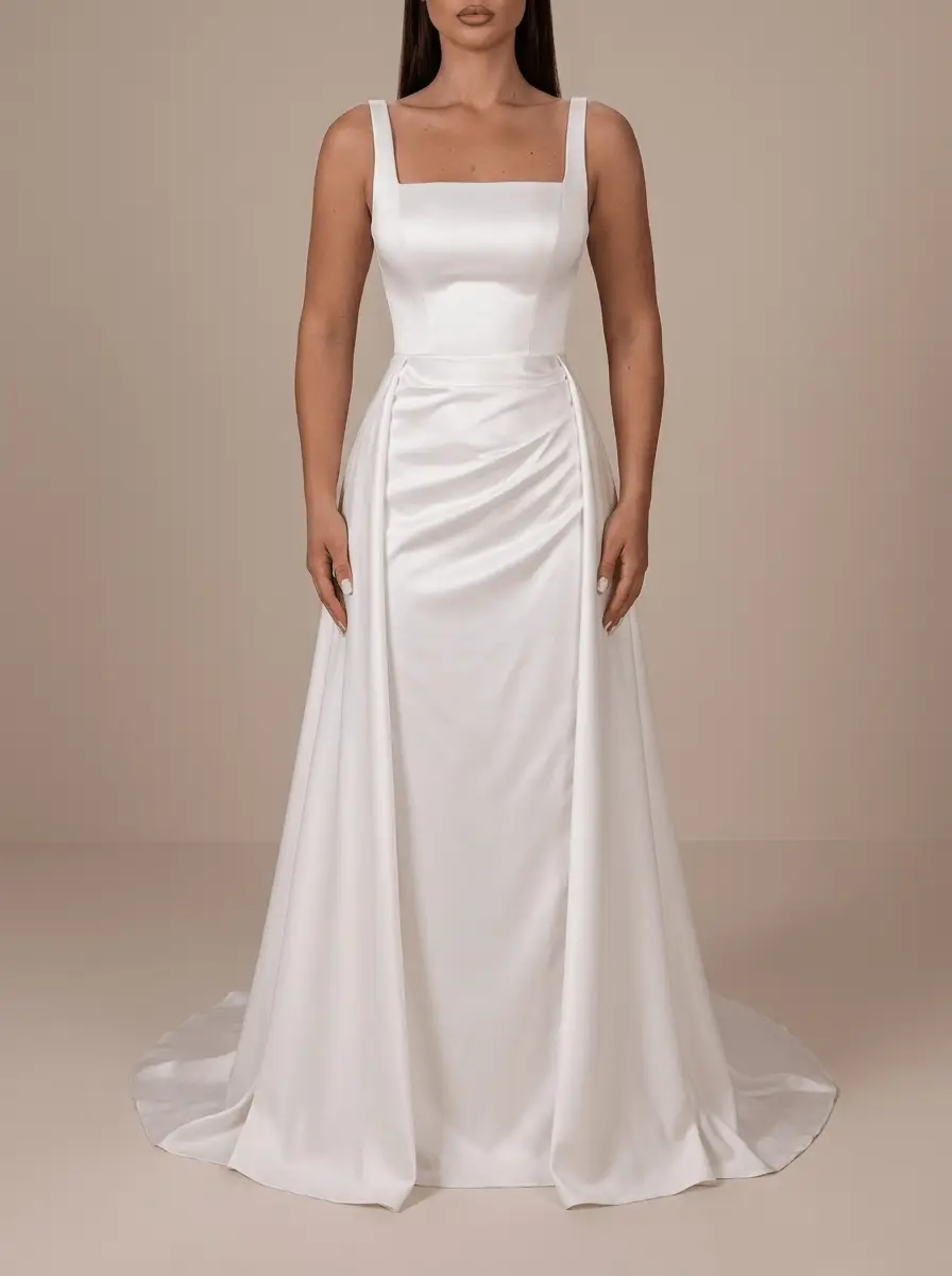 Robe de mariée satinée blanche à col carré avec larges bretelles, jupe fendue, surjupe ouverte et traîne – Hannachi Couture Paris