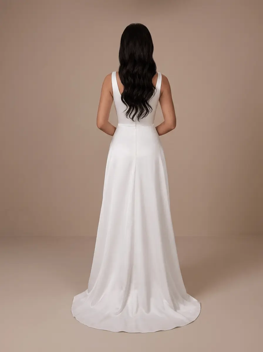 Robe de mariée satinée blanche à col carré avec larges bretelles, jupe fendue, surjupe ouverte et traîne – Hannachi Couture Paris