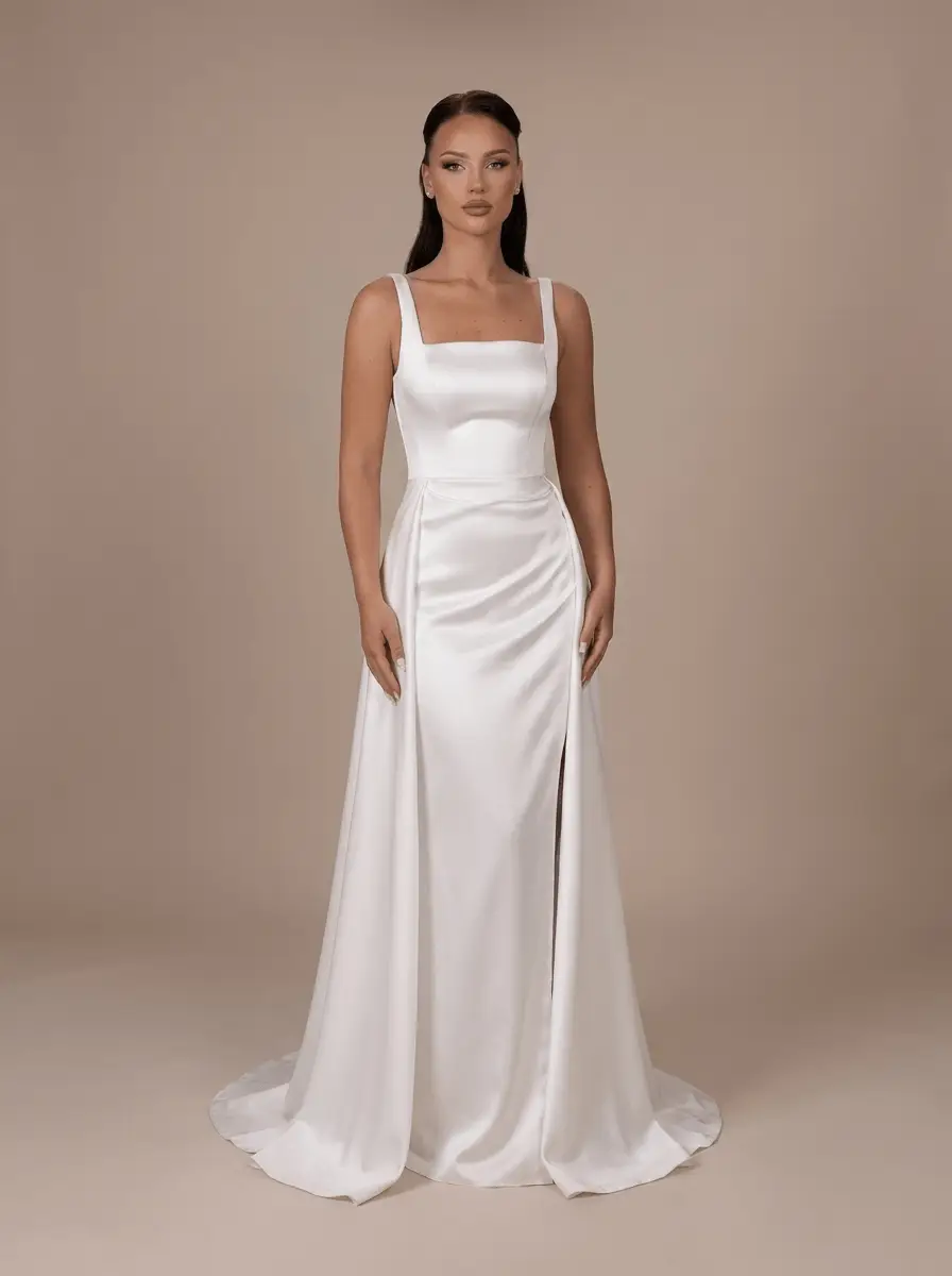 Robe de mariée satinée blanche à col carré avec larges bretelles, jupe fendue, surjupe ouverte et traîne – Hannachi Couture Paris