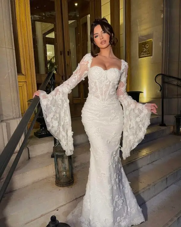 floral mermaid dress flared sleeves beaded details Calais lace
