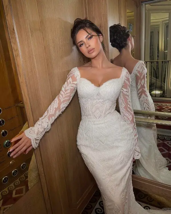 beaded lace dress mermaid wedding dress sleeved wedding dress