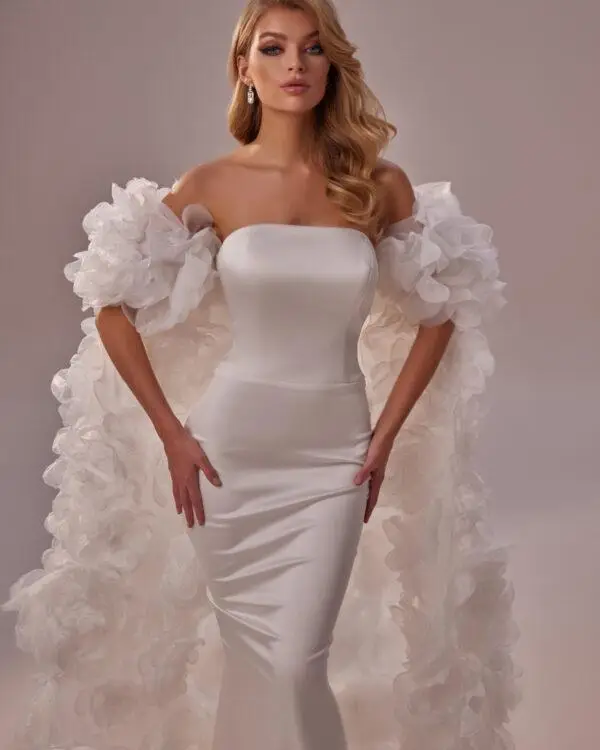 strapless satin mermaid dress with its 3D flower cape