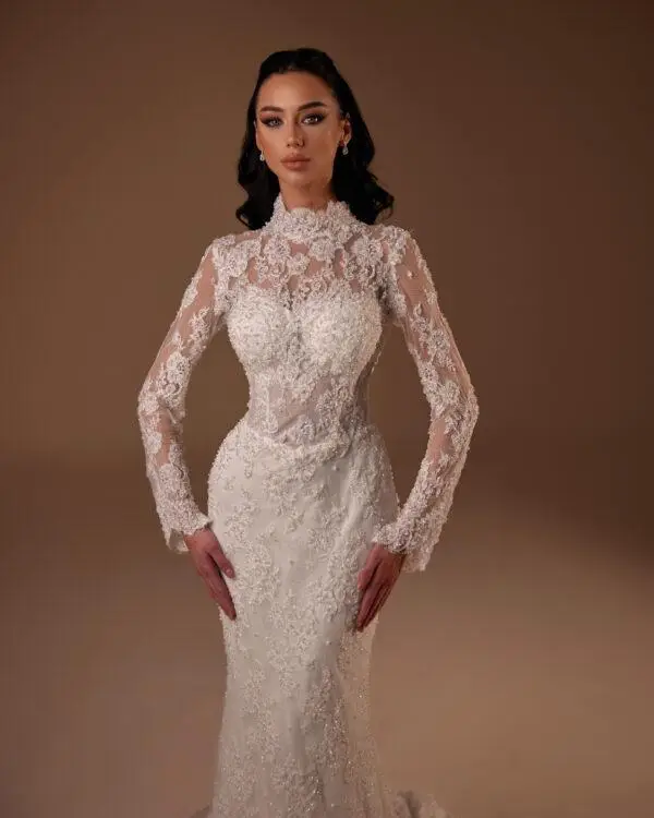 mermaid wedding dress Calais lace sleeves high neck beaded lace