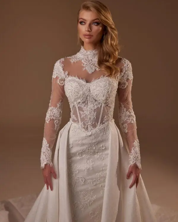 mermaid wedding dress with overskirt high collar lace sleeves Calais lace beaded lace