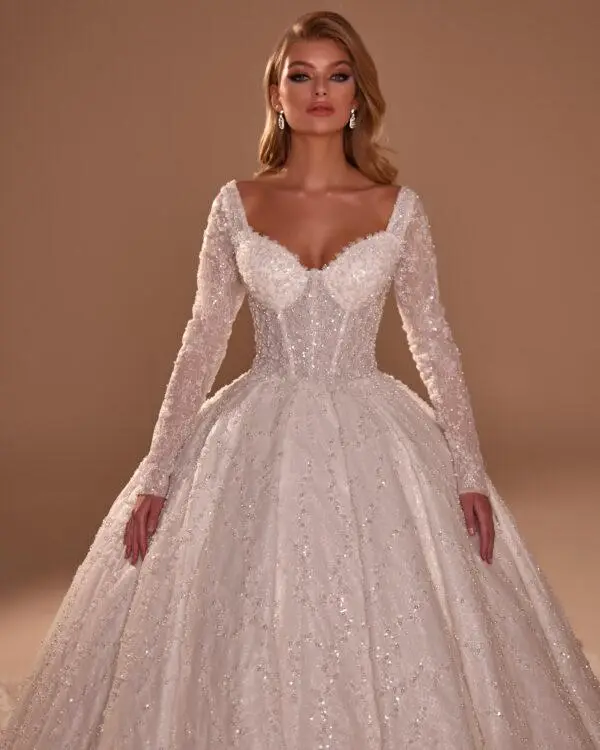 princess dress sweetheart neckline sleeves heavily beaded fabric