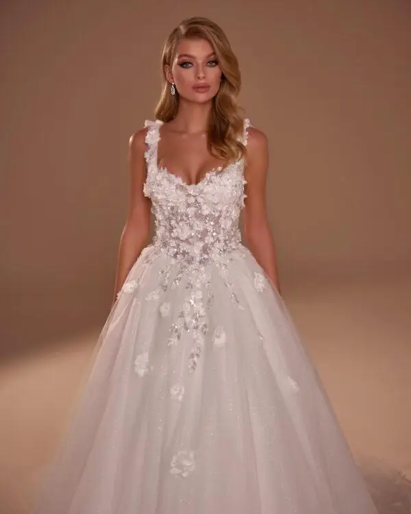empire dress A-line trapeze strap floral lace tulle