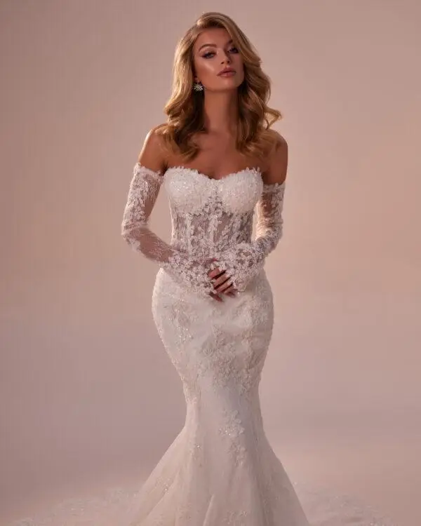 mermaid Calais lace beaded lace bustier removable sleeves