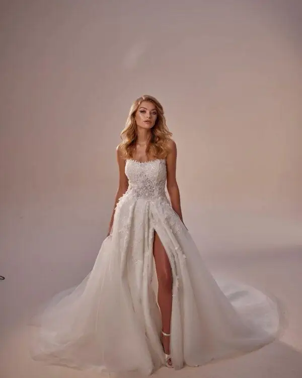 A-line empire floral lace strapless flowing wedding dress