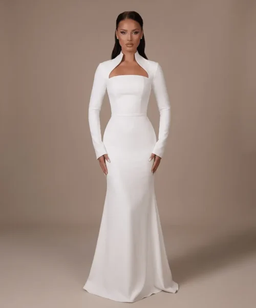 White minimalist mermaid wedding dress with an open stand-up collar, square neckline, long sleeves, and a train – Hannachi Couture Paris