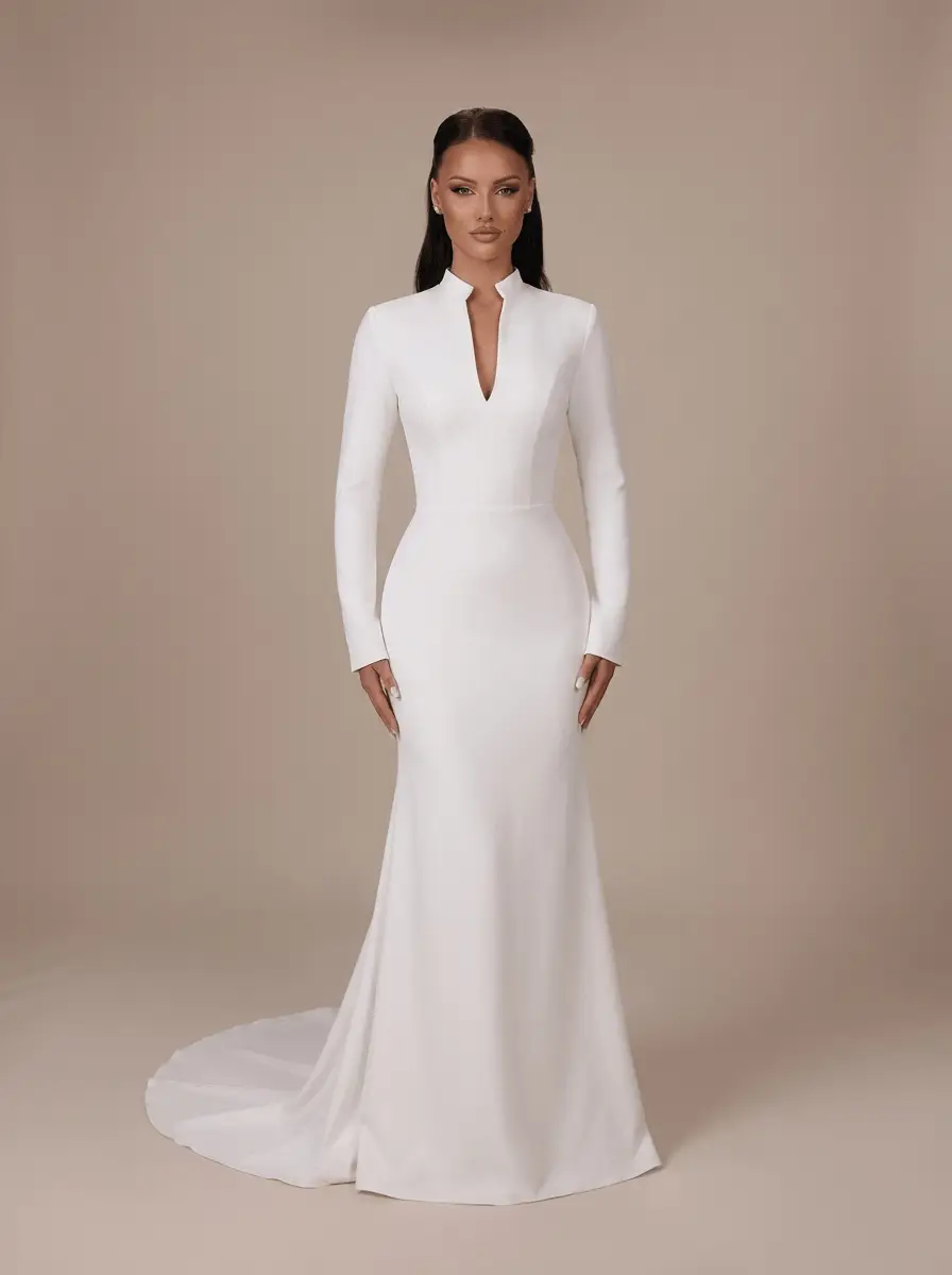 Robe de mariée sirène minimaliste blanche à col montant, décolleté en V et manches longues – Hannachi Couture Paris