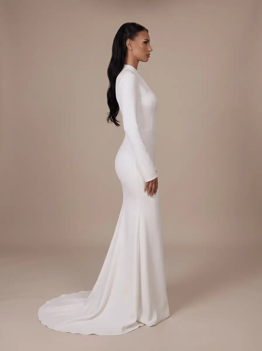 Robe de mariée sirène minimaliste blanche à col montant, décolleté en V et manches longues – Hannachi Couture Paris