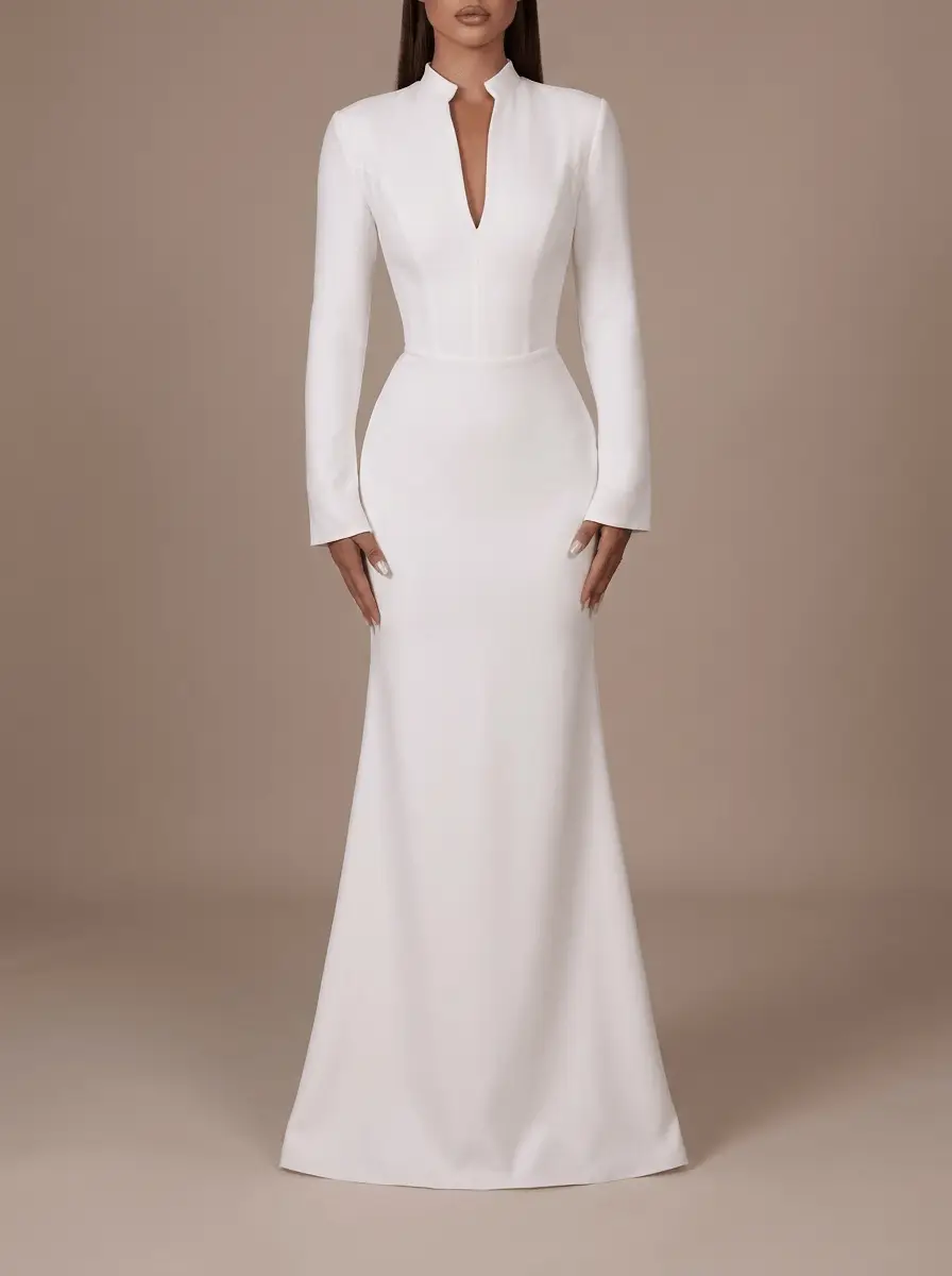 Robe de mariée sirène minimaliste blanche à col montant, décolleté en V et manches longues – Hannachi Couture Paris
